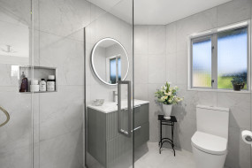 contemporary bathroom renovation white and wood aesthetic 2